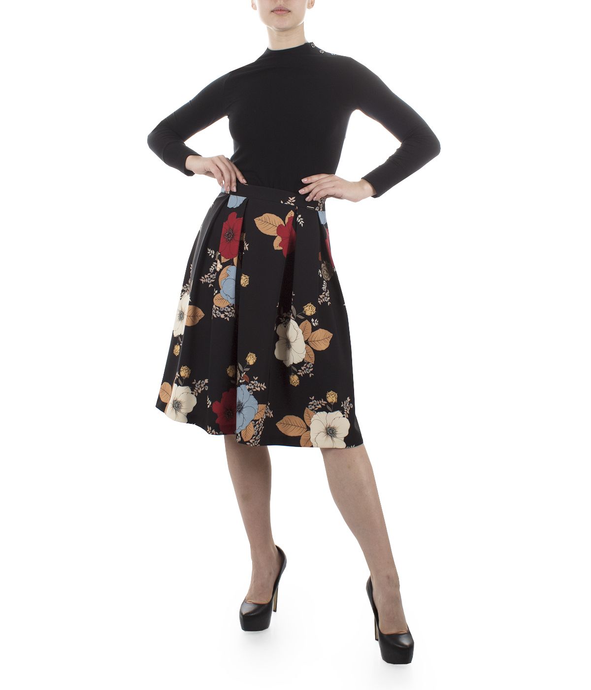 Midi skirt with box pleats and floral print  2